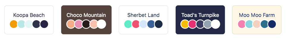 a row of buttons, showing the theme name and color swatches