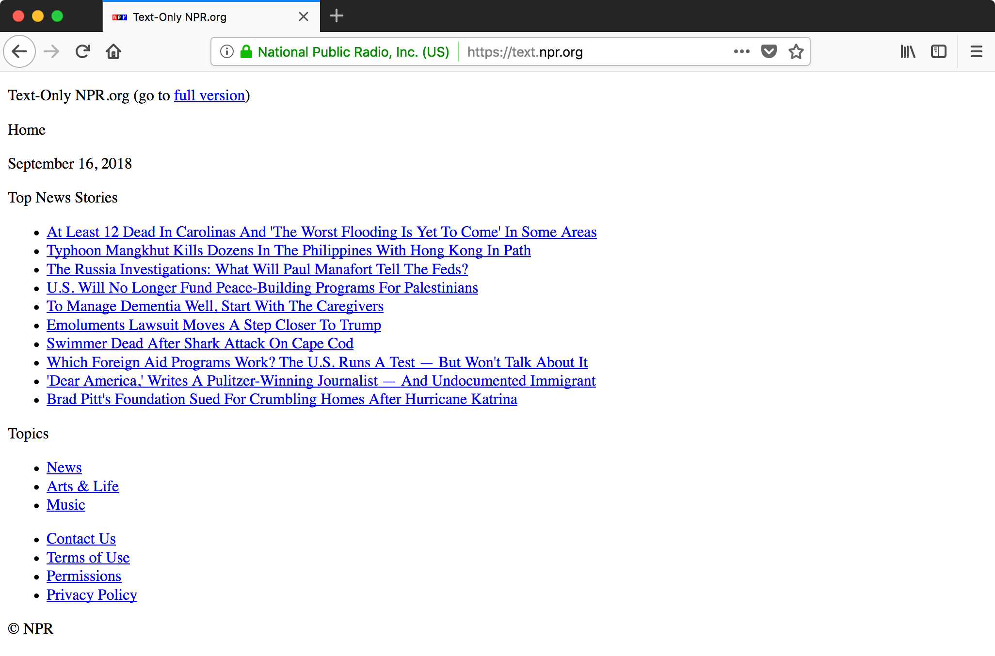 Screenshot of the NPR text-only site