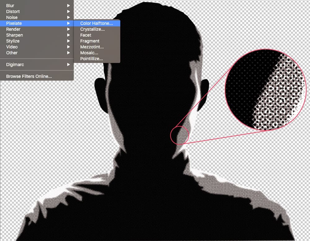 view of the halftone effect, a portion of the image is zoomed to show resulting print dots