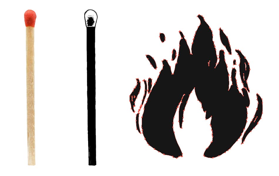 a matchstick, its vectorized version, and a vector outline of a flame