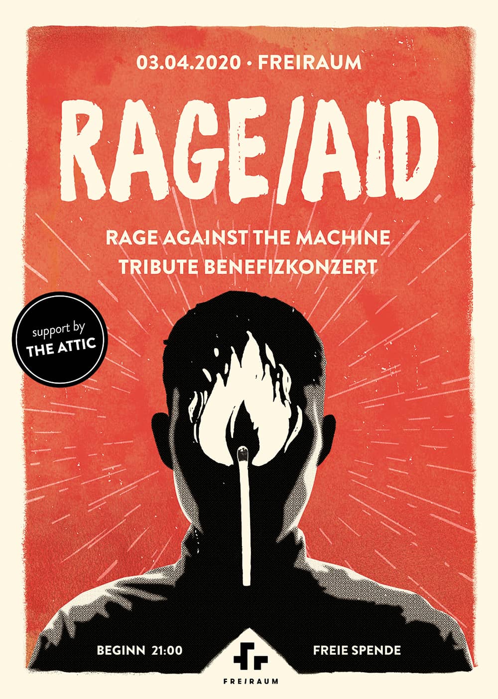 the finished poster: a dark silhouette with a lit match in front of its face, against a bright red background. The title reads 'Rage Aid'.