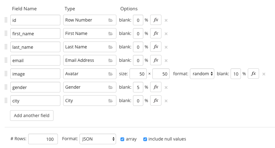 The Mockaroo UI, different field types define the structure of a data ressource