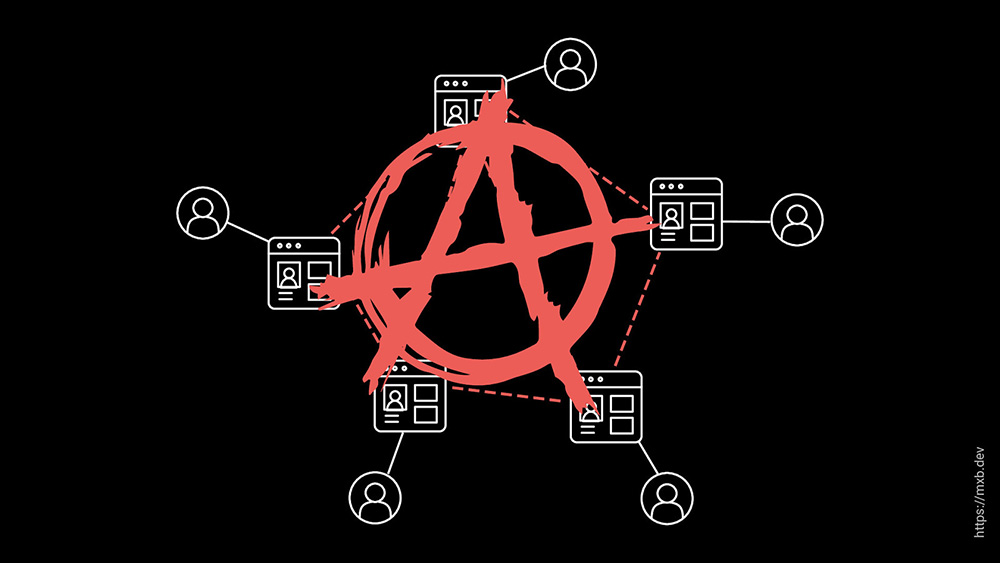 diagram of five personal websites, connected thorugh the anarchy symbol